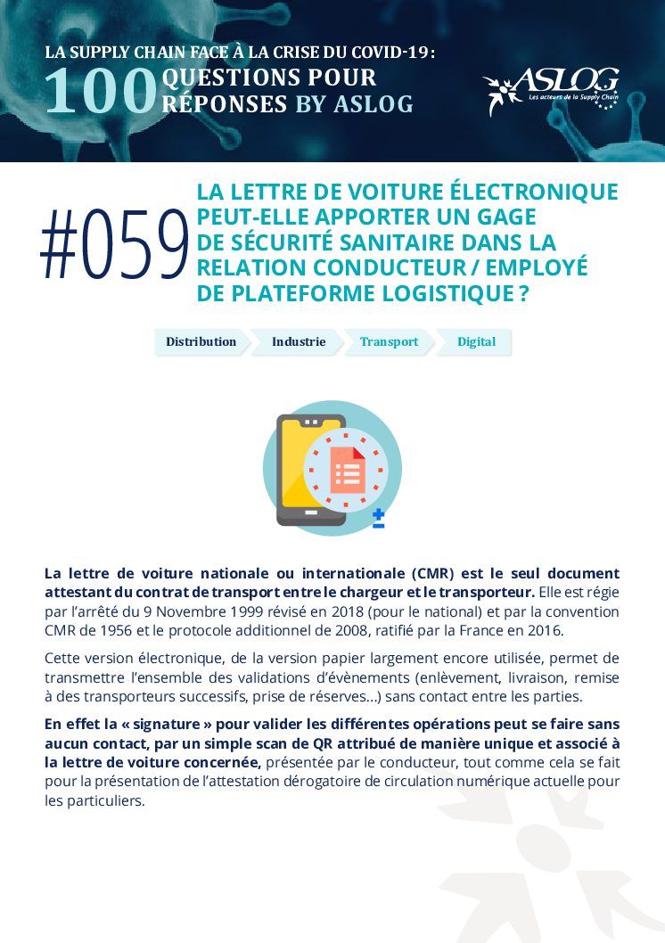 #059 La lettre de voiture électronique peut-elle apporter un gage de sécurité sanitaire dans la relation conducteur/employé de la plateforme logistique ?