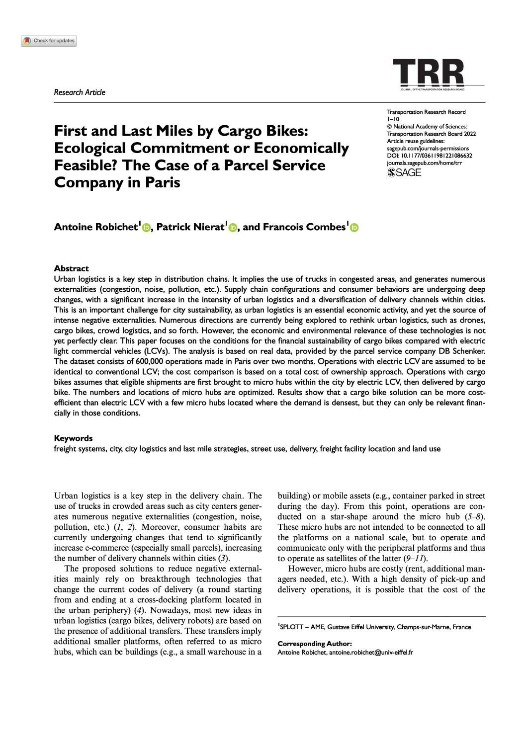 First and Last Miles by Cargo Bikes : Ecological Commitment or Economically Feasible ? THE CASE OF A PARCEL DELIVERY COMPANY IN PARIS