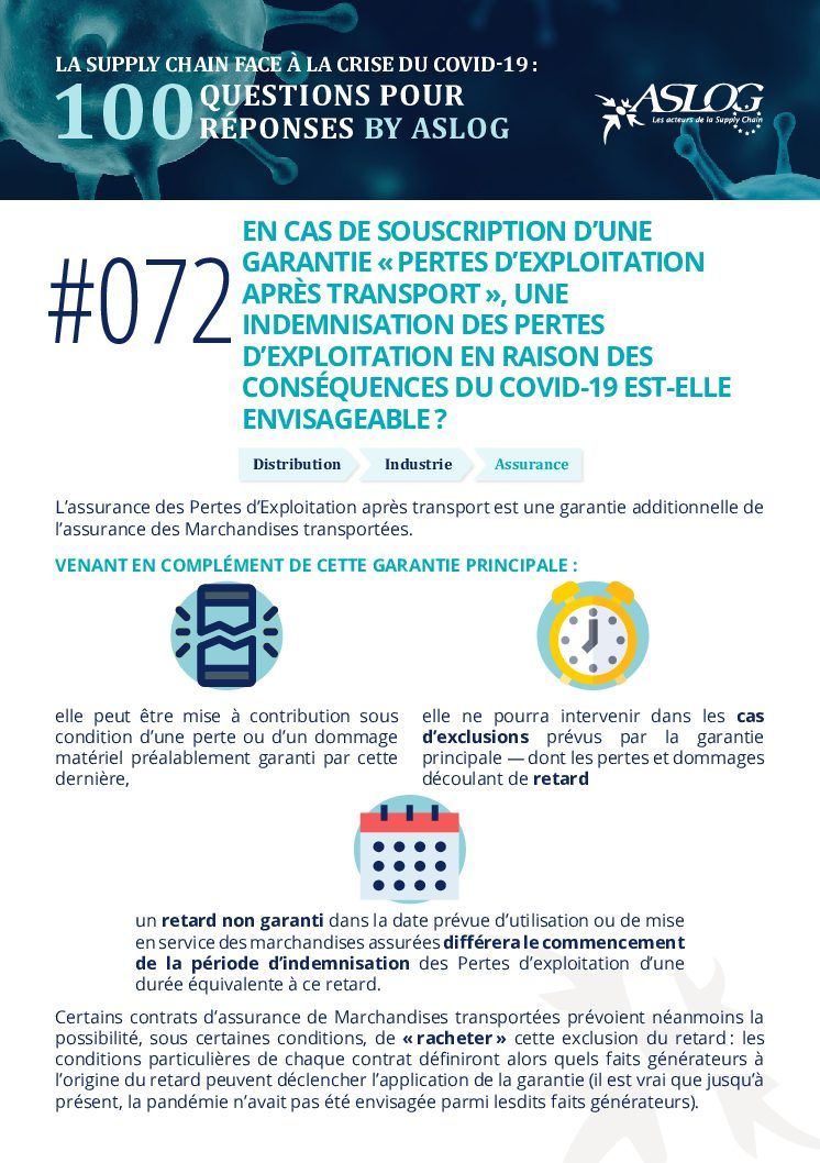 #072 En cas de souscription d’une garantie “pertes d’exploitation après transport”, une indemnisation en raison du Covid-19, est-elle envisageable ?